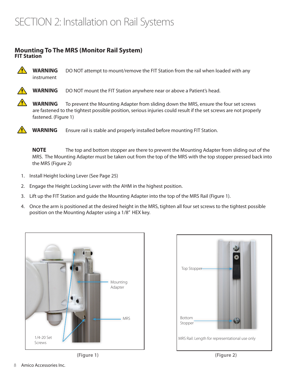 Mounting to the mrs (monitor rail system) | Amico Falcon Combo Arm User Manual | Page 8 / 44