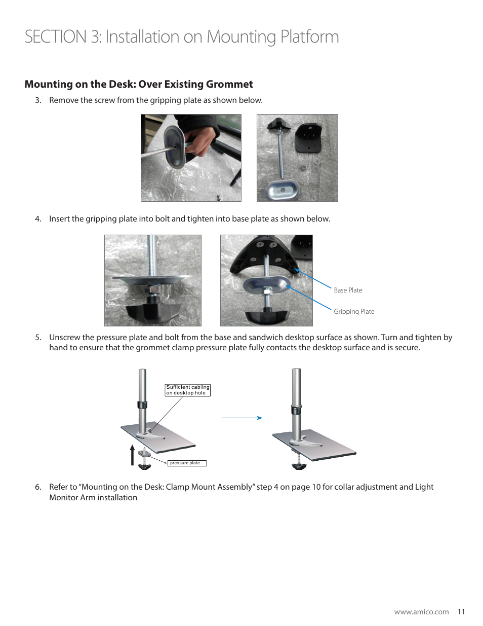 Mounting on the desk: over existing grommet | Amico Light-Duty Monitor Arm User Manual | Page 11 / 20