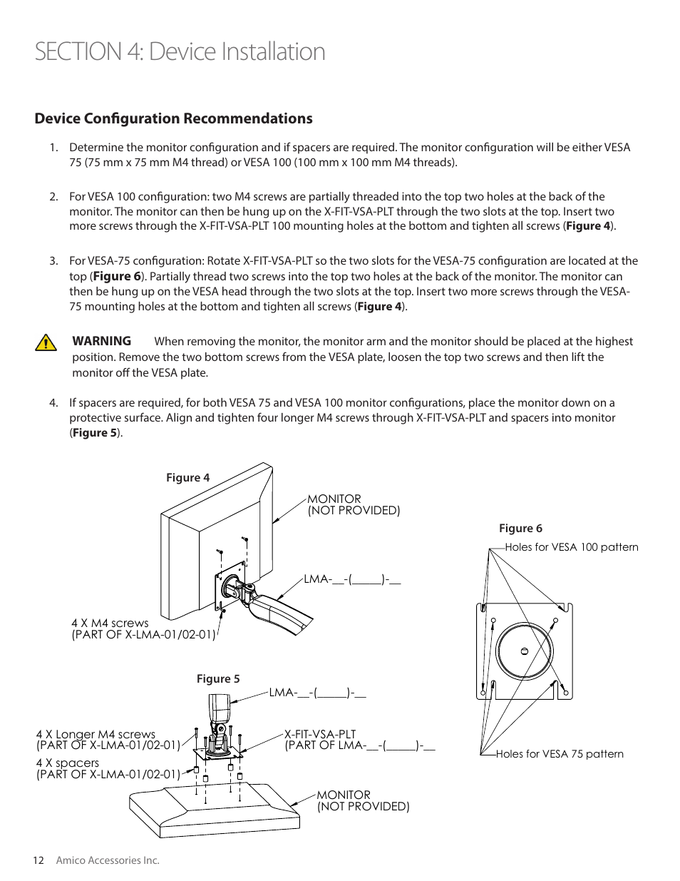 Ddetail d scale 1 : 7, Wdetail w scale 1 : 7, Device configuration recommendations | Figure 6, Warning, Figure 4 figure 5 figure 6, Project 394, Lma-__-(_____) | Amico Light-Duty Monitor Arm User Manual | Page 12 / 20