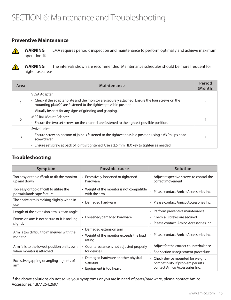 Preventive maintenance, Troubleshooting | Amico Light-Duty Monitor Arm User Manual | Page 15 / 20