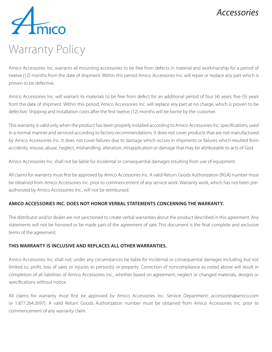 Warranty policy, Accessories | Amico Light-Duty Monitor Arm User Manual | Page 18 / 20