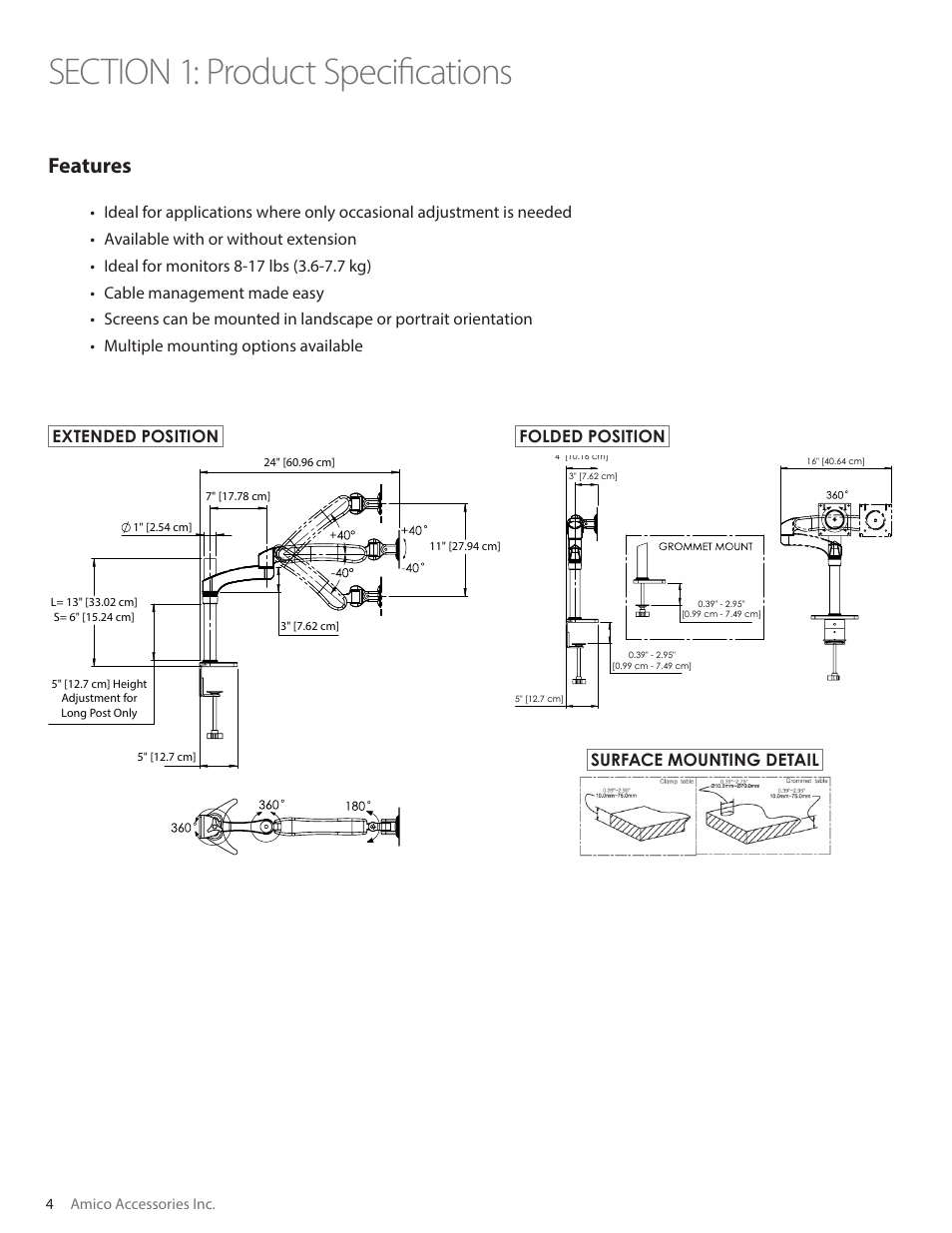 Features, 4amico accessories inc | Amico Light-Duty Monitor Arm User Manual | Page 4 / 20