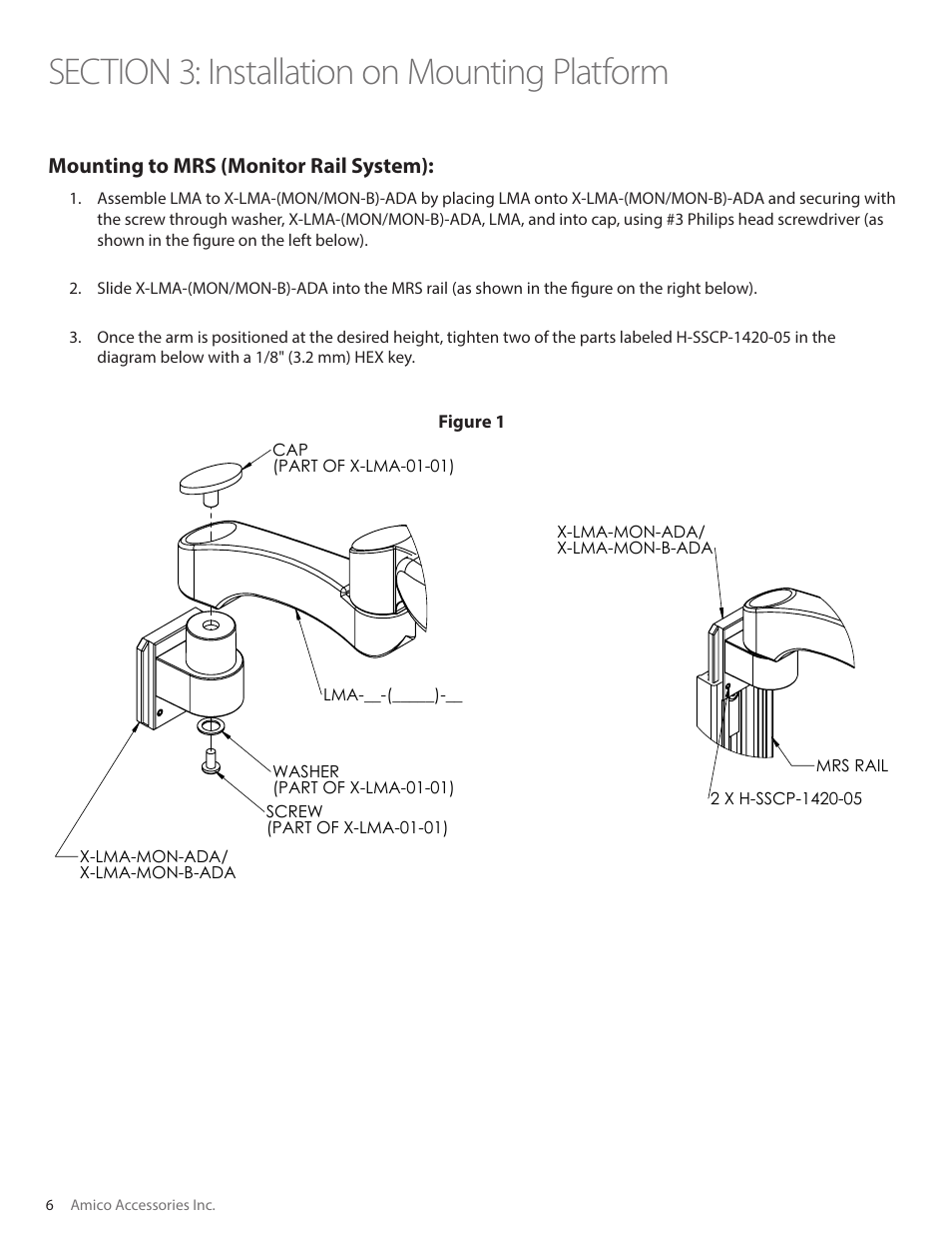 Ndetail n scale 2 : 5, Odetail o scale 2 : 5, Edetail e scale 1 : 3 | Gf detail f scale 1 : 5, Detail g scale 2 : 5, Pdetail p scale 2 : 5, Mounting to mrs (monitor rail system), Figure 1 | Amico Light-Duty Monitor Arm User Manual | Page 6 / 20