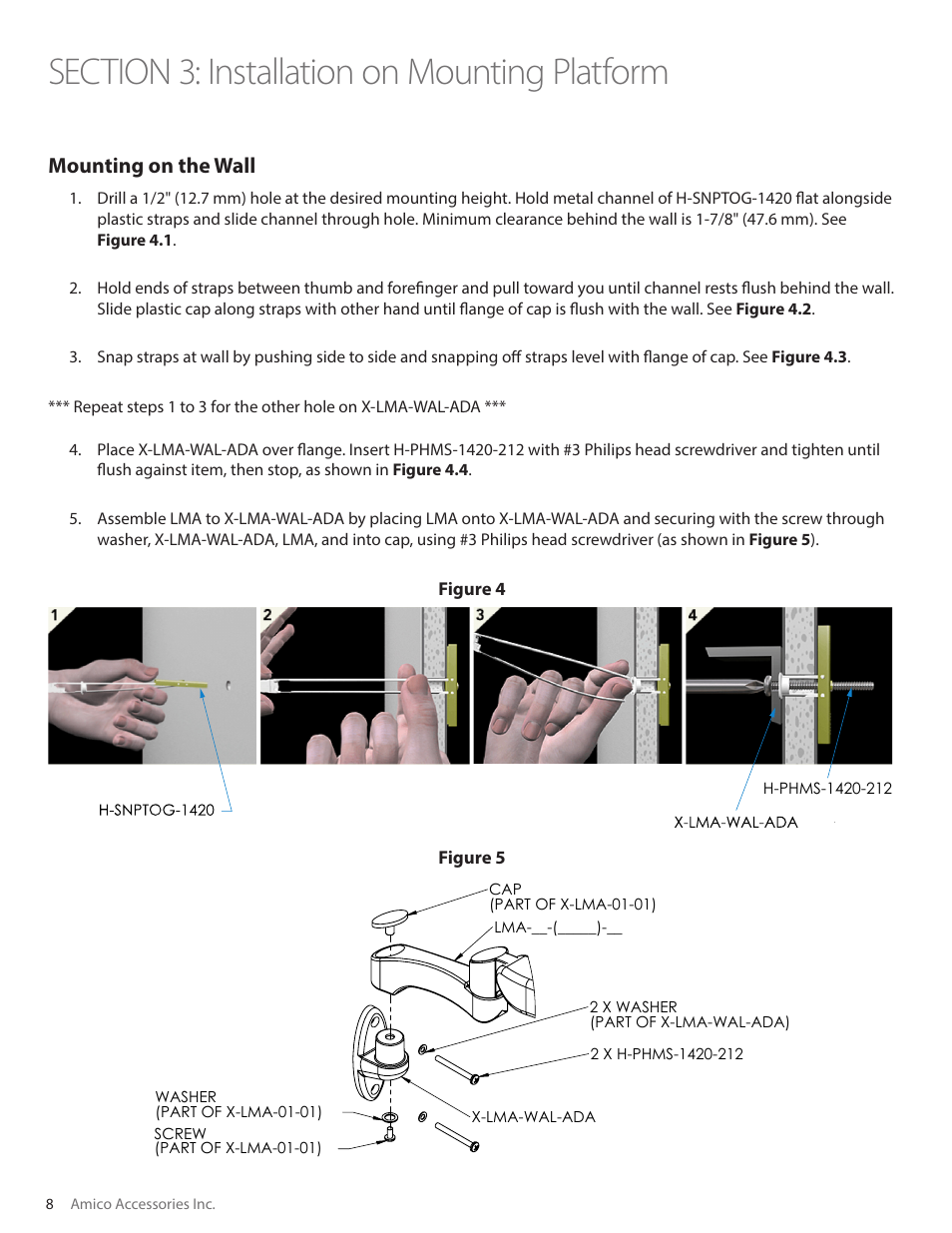 Rdetail r scale 1 : 4, Mounting on the wall, Figure 4 | Figure 5, 8amico accessories inc, H-snptog-1420 x-lma-wal-ada, Lma-__-(_____) | Amico Light-Duty Monitor Arm User Manual | Page 8 / 20