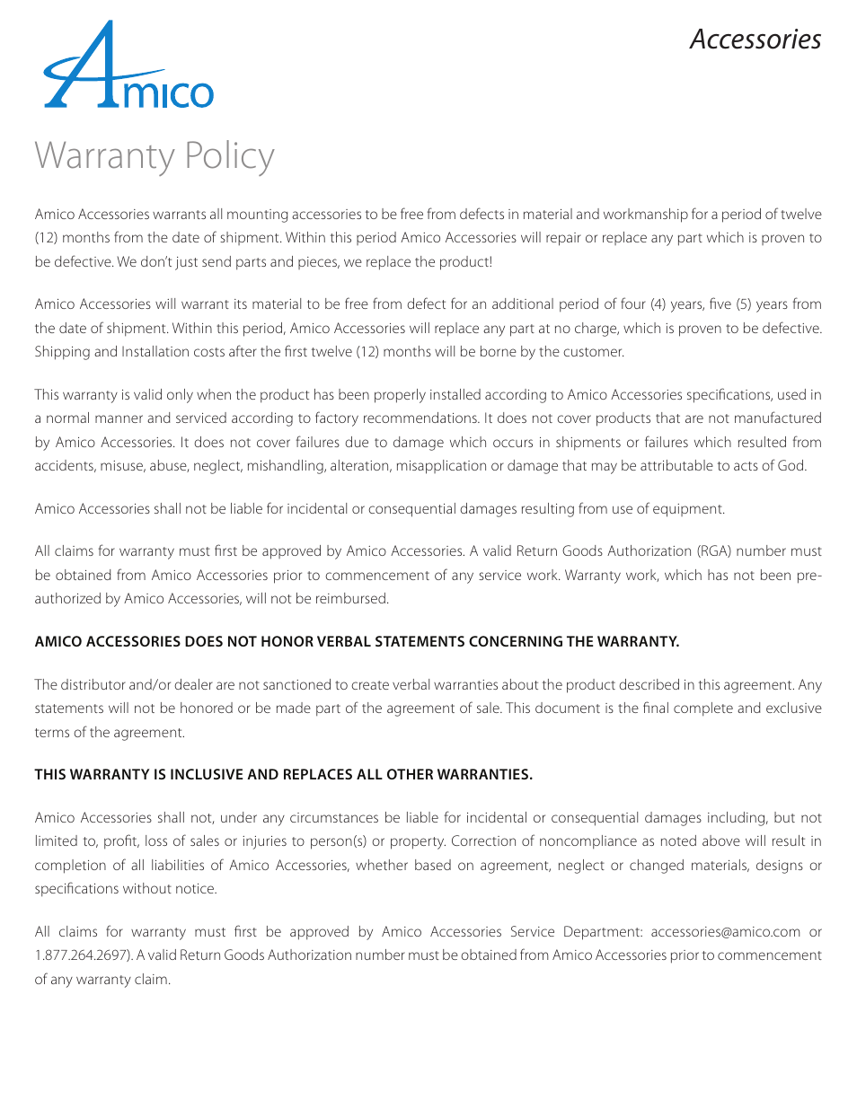 Warranty policy, Accessories | Amico Monitor Roll Stands User Manual | Page 11 / 12