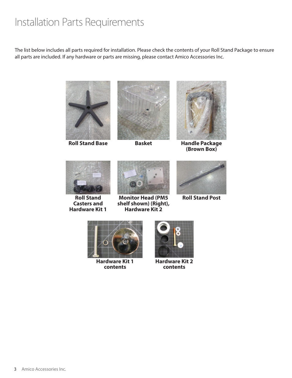 Installation parts requirements | Amico Monitor Roll Stands User Manual | Page 4 / 12