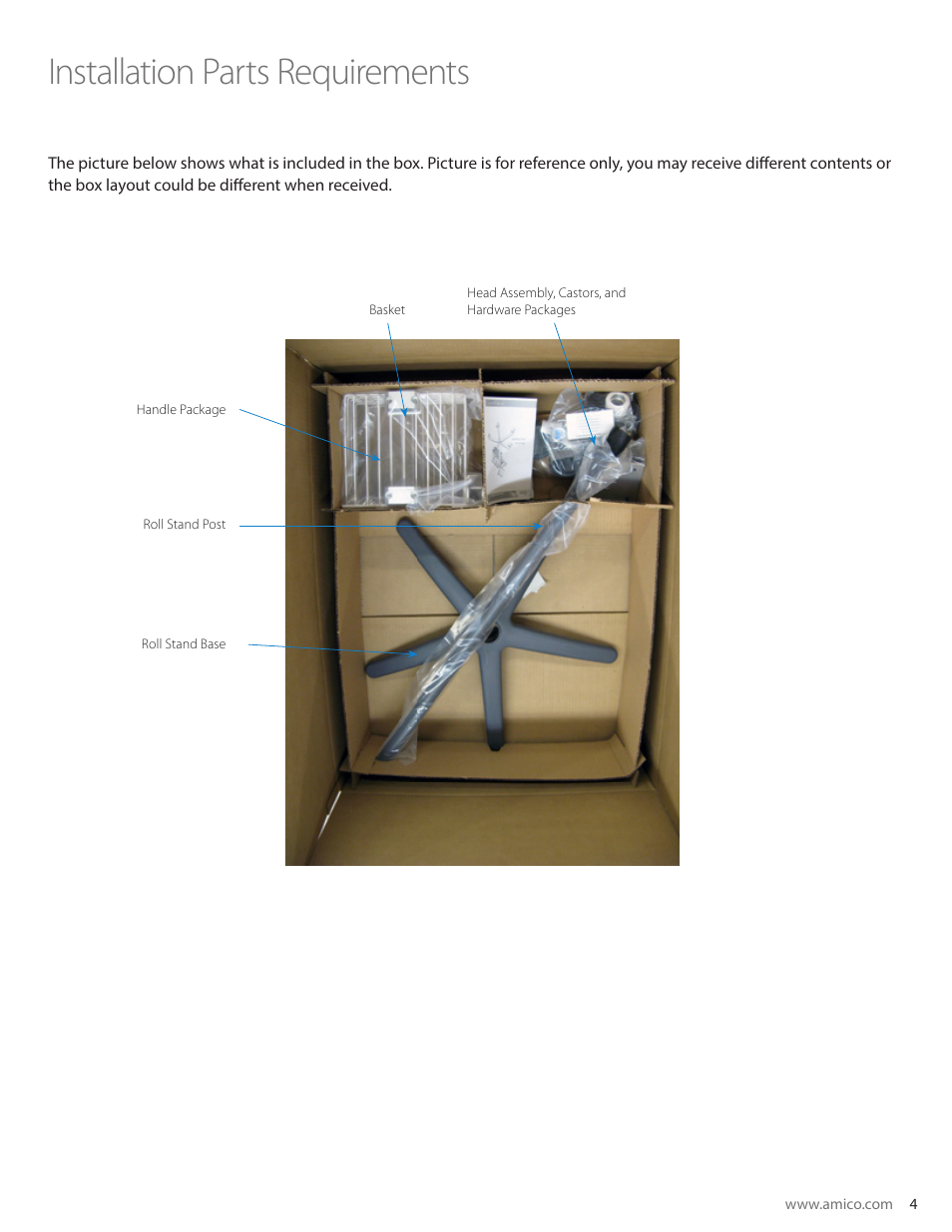 Installation parts requirements | Amico Monitor Roll Stands User Manual | Page 5 / 12