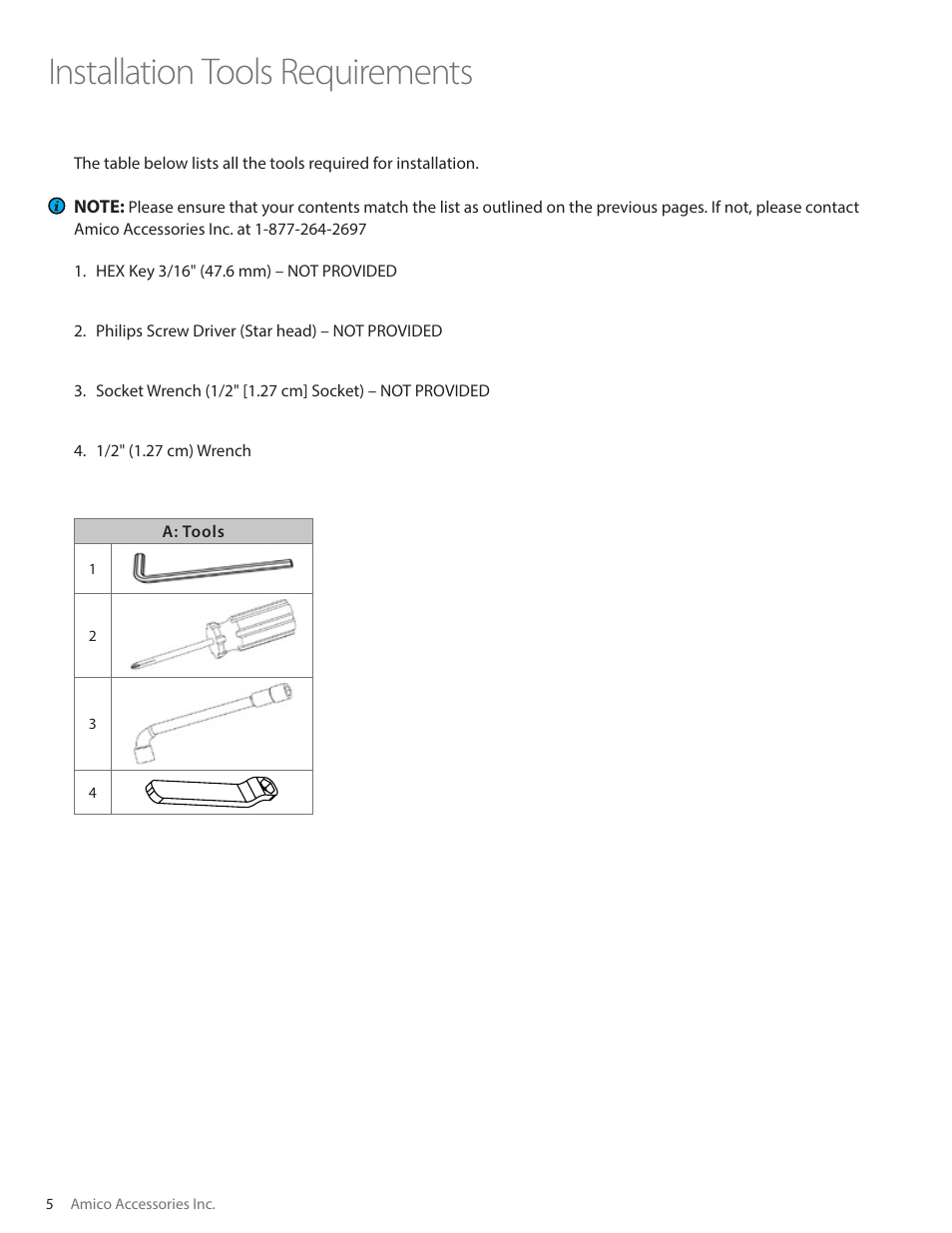 Installation tools requirements | Amico Monitor Roll Stands User Manual | Page 6 / 12