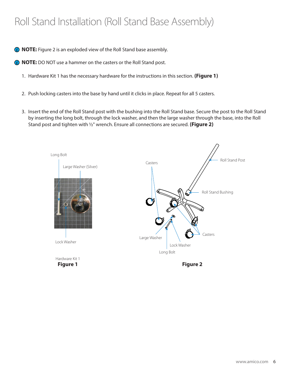 Roll stand installation (roll stand base assembly) | Amico Monitor Roll Stands User Manual | Page 7 / 12