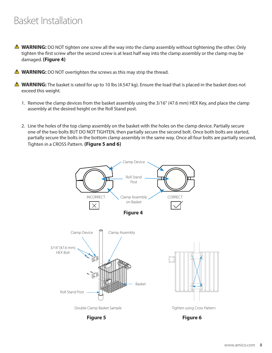 Basket installation | Amico Monitor Roll Stands User Manual | Page 9 / 12