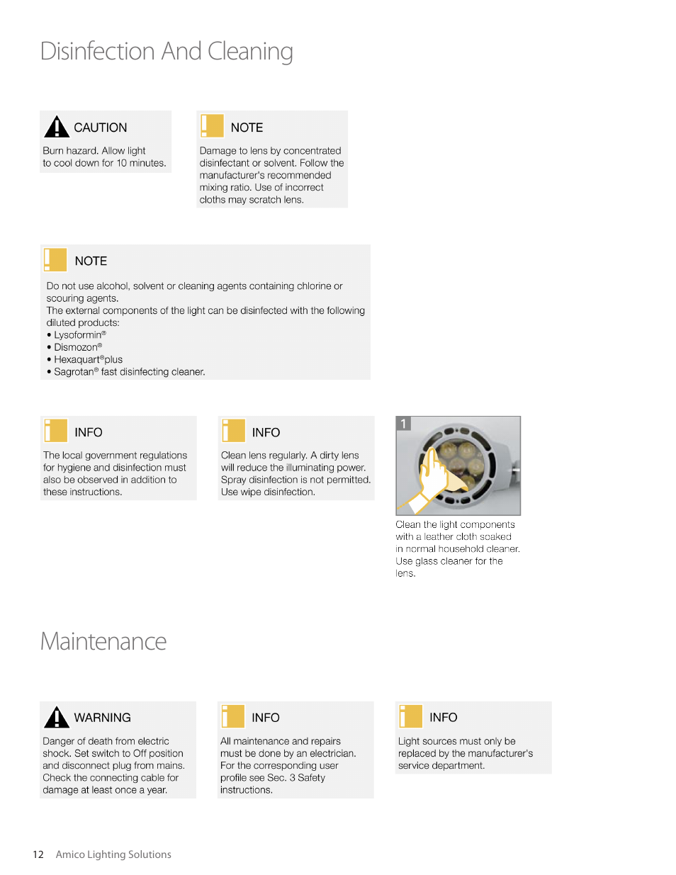 Disinfection and cleaning maintenance | Amico Gamma 50 LED User Manual | Page 12 / 18