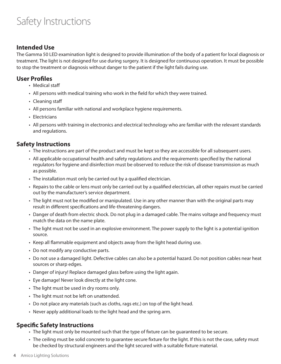 Safety instructions | Amico Gamma 50 LED User Manual | Page 4 / 18