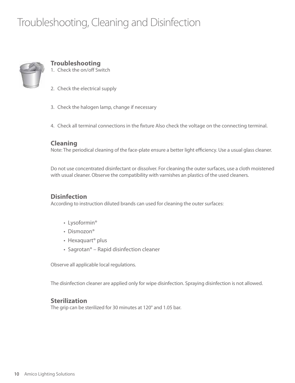 Troubleshooting, cleaning and disinfection, Troubleshooting, Cleaning | Disinfection, Sterilization | Amico Mira 45 User Manual | Page 10 / 12
