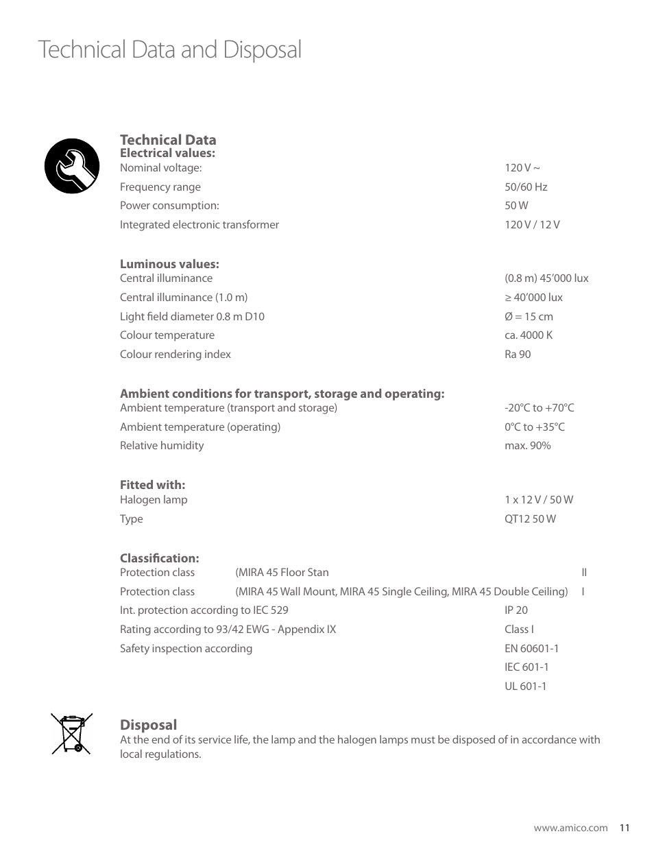 Technical data and disposal, Technical data, Disposal | Amico Mira 45 User Manual | Page 11 / 12