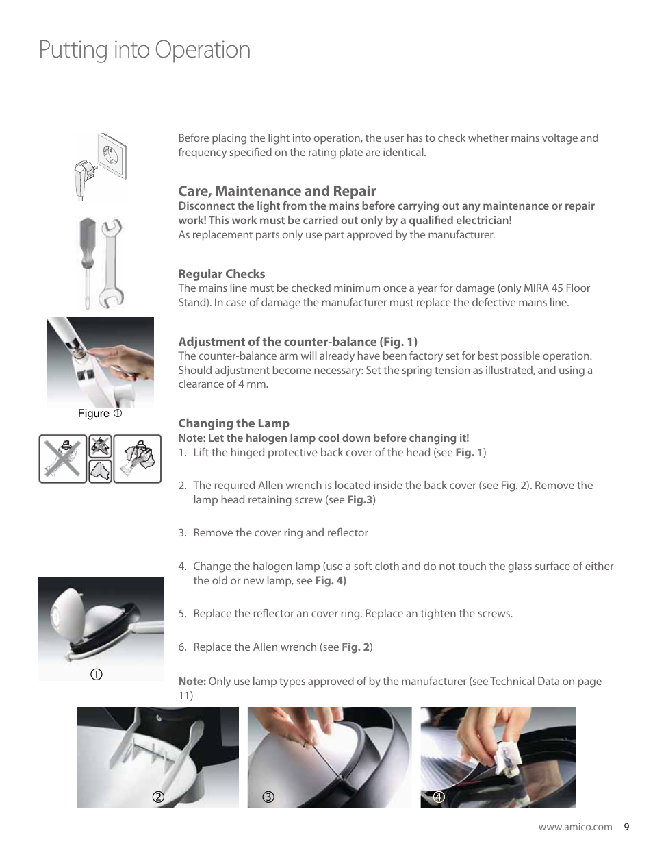 Putting into operation, Care, maintenance and repair | Amico Mira 45 User Manual | Page 9 / 12