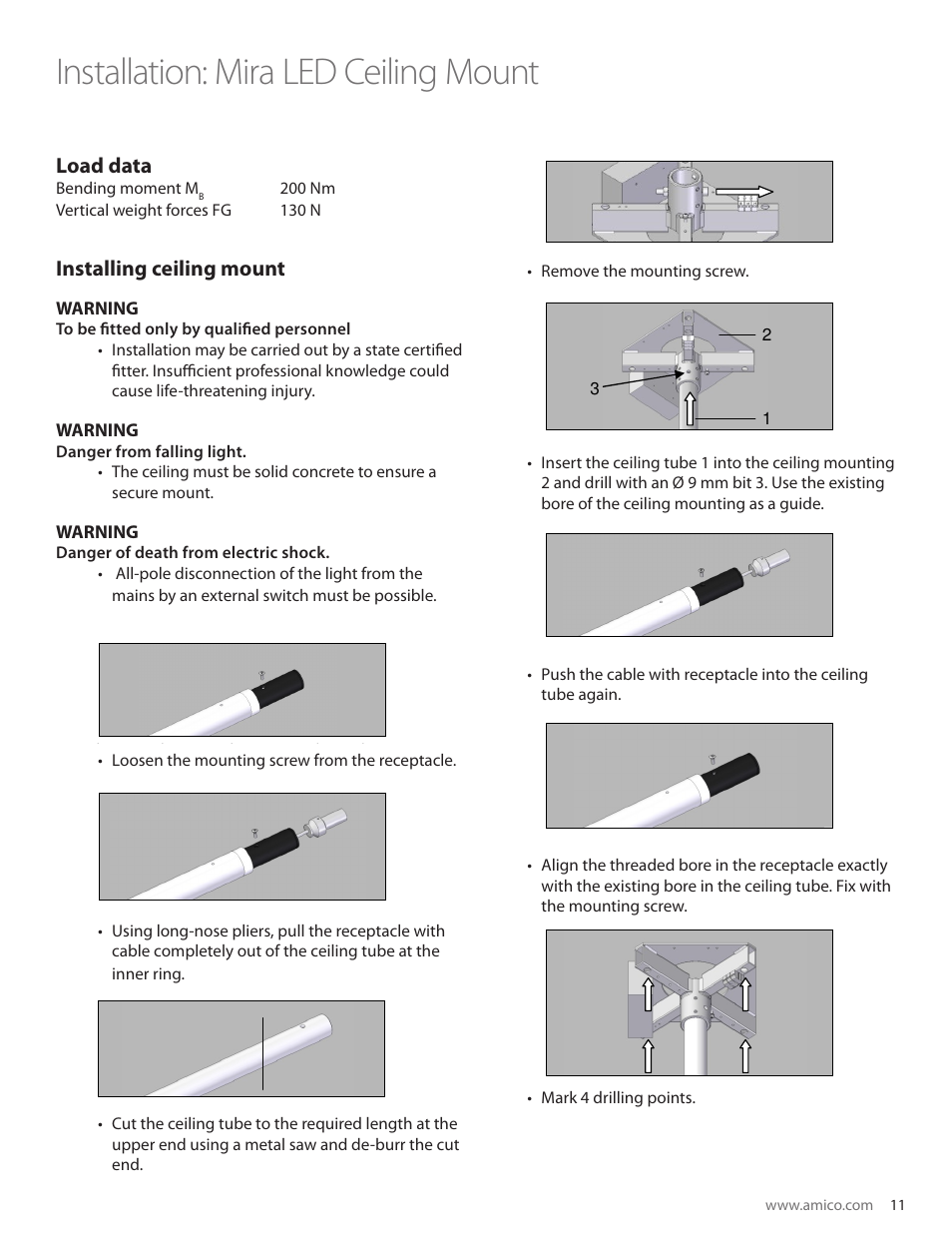 Installation: mira led ceiling mount, Load data, Installing ceiling mount | Warning, 5installing triango 30 c | Amico Mira LED User Manual | Page 11 / 24