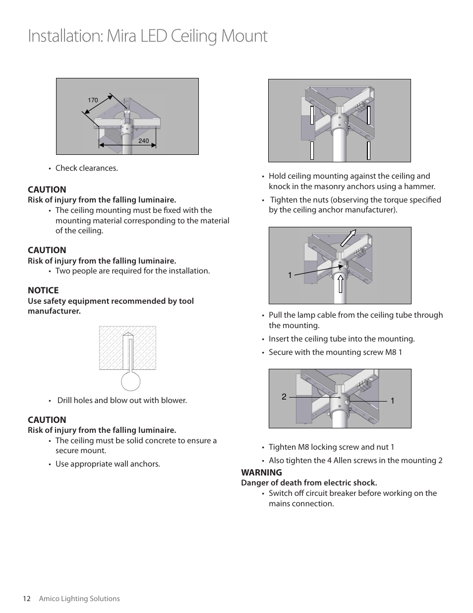 Installation: mira led ceiling mount, Caution, Notice | Warning | Amico Mira LED User Manual | Page 12 / 24