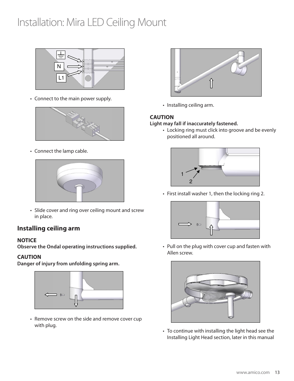 Installation: mira led ceiling mount, Installing ceiling arm, Notice | Caution | Amico Mira LED User Manual | Page 13 / 24