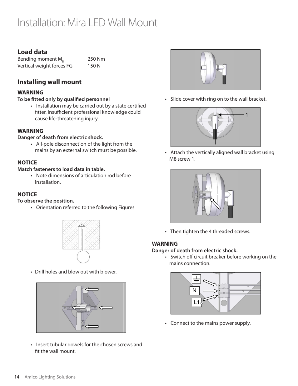 Installation: mira led wall mount, Load data, Installing wall mount | Warning, Notice, 6installing triango 30 w | Amico Mira LED User Manual | Page 14 / 24
