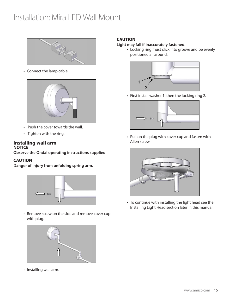 Installation: mira led wall mount, Installing wall arm, Notice | Caution | Amico Mira LED User Manual | Page 15 / 24