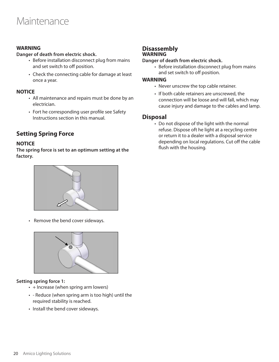 Maintenance, Setting spring force, Disassembly | Disposal | Amico Mira LED User Manual | Page 20 / 24