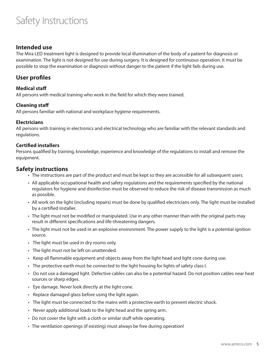 Safety instructions | Amico Mira LED User Manual | Page 5 / 24