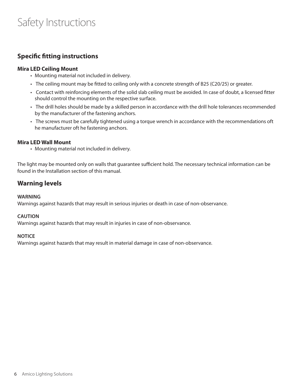 Safety instructions | Amico Mira LED User Manual | Page 6 / 24