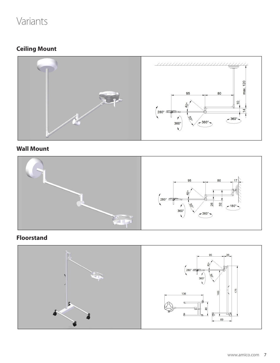 Variants, Ceiling mount wall mount floorstand | Amico Mira LED User Manual | Page 7 / 24