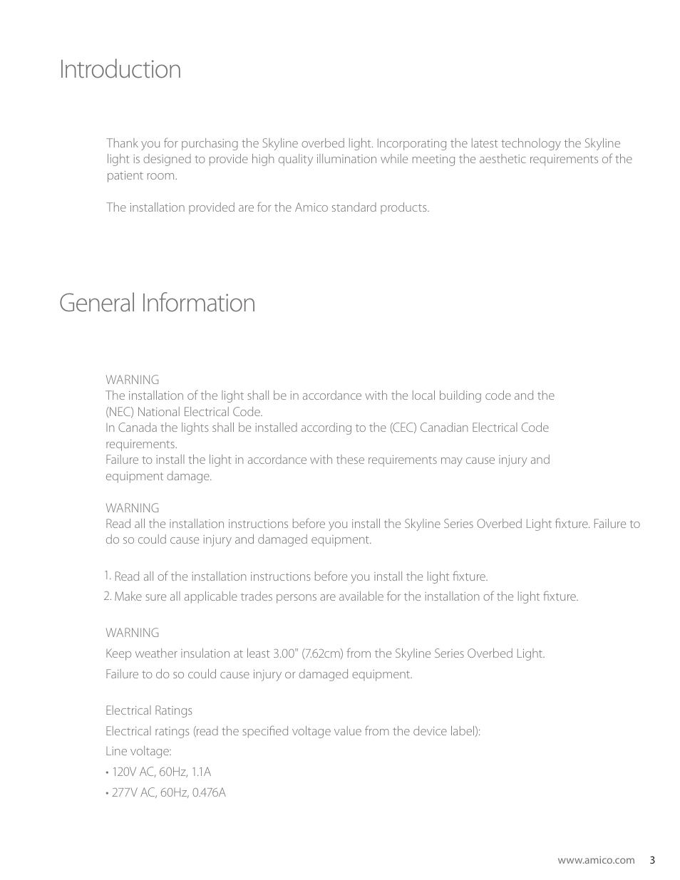 Introduction general information | Amico Skyline Overbed Light Series User Manual | Page 3 / 11