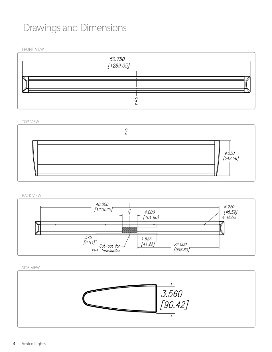 Drawings and dimensions | Amico Skyline Overbed Light Series User Manual | Page 4 / 11