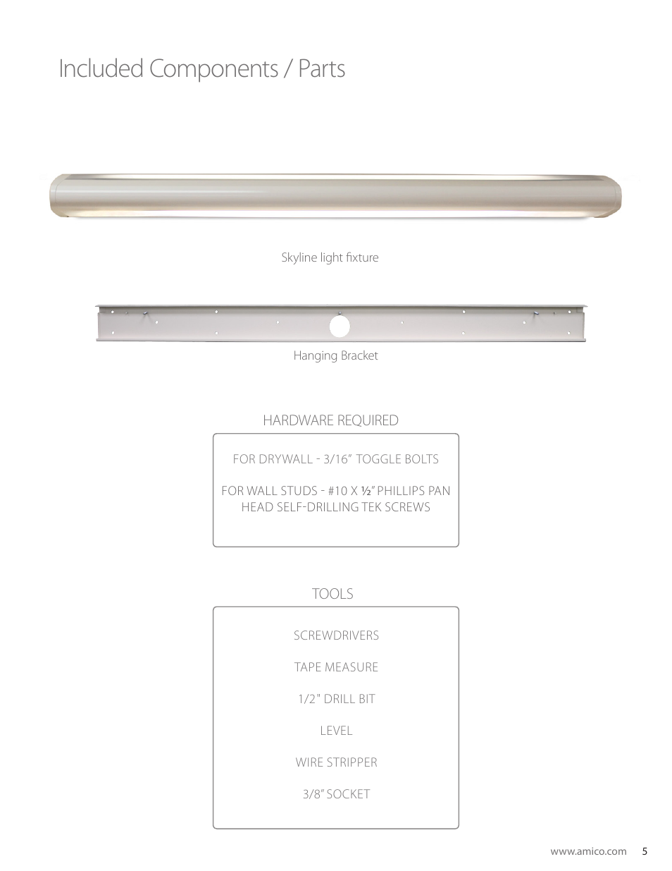 Included components / parts | Amico Skyline Overbed Light Series User Manual | Page 5 / 11