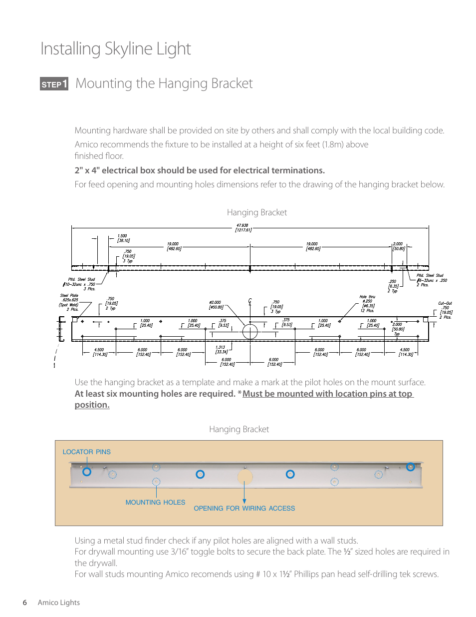 Installing skyline light, Mounting the hanging bracket | Amico Skyline Overbed Light Series User Manual | Page 6 / 11
