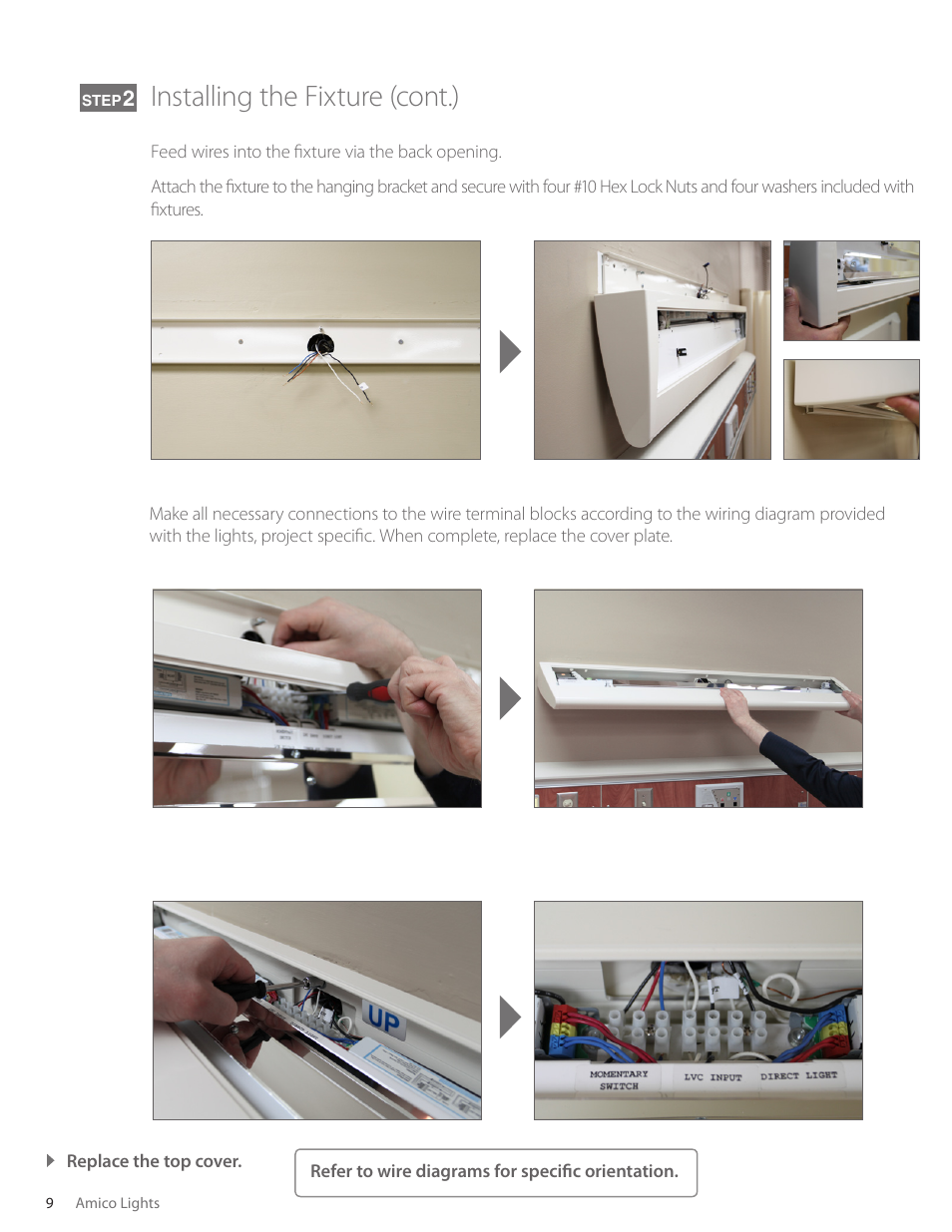 Installing the fixture (cont.) | Amico Skyline Overbed Light Series User Manual | Page 8 / 11