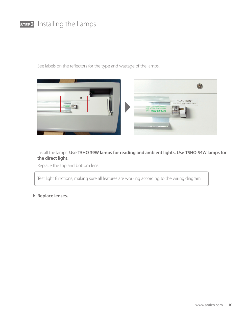 Installing the lamps | Amico Skyline Overbed Light Series User Manual | Page 9 / 11