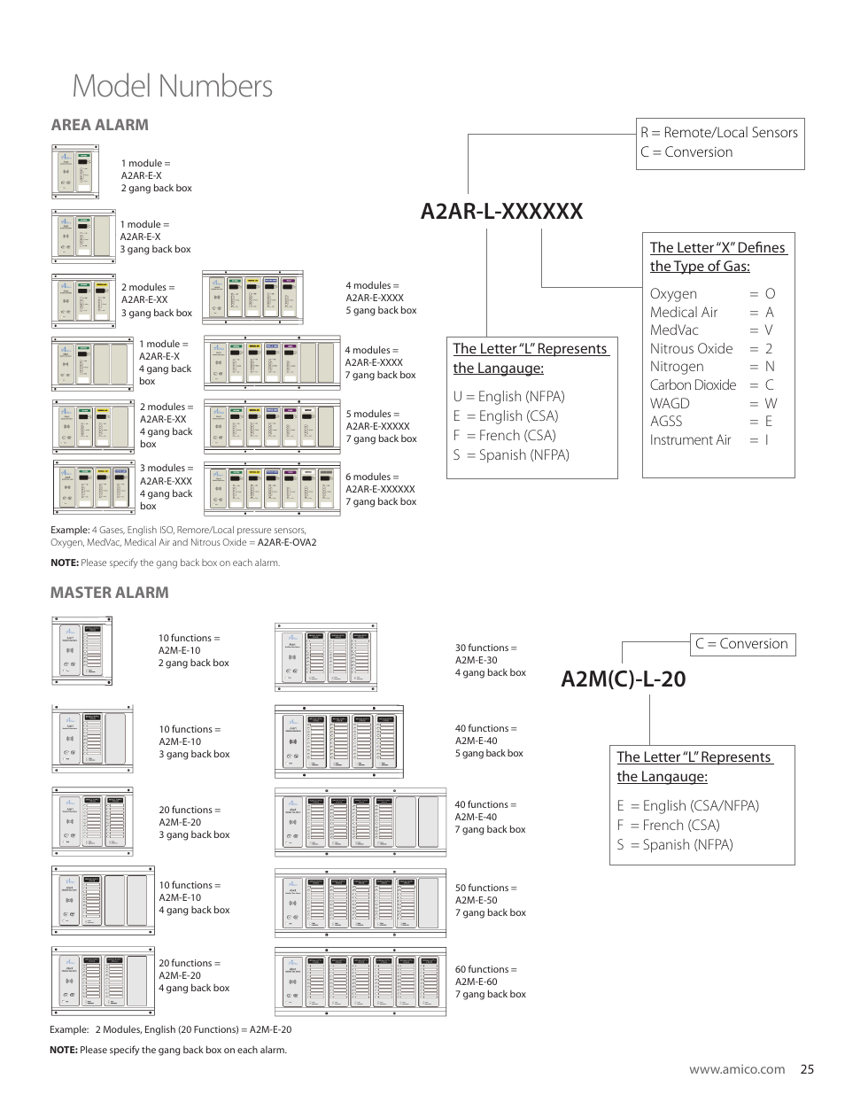 Model numbers, A2m(c)-l-20, Area alarm | Master alarm | Amico Nema 4 Master Alarm User Manual | Page 25 / 56