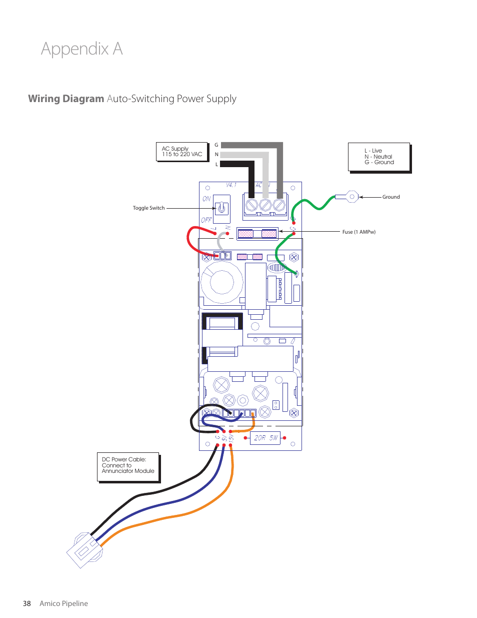 Appendix a, Wiring diagram a uto-switching power supply | Amico Nema 4 Master Alarm User Manual | Page 38 / 56