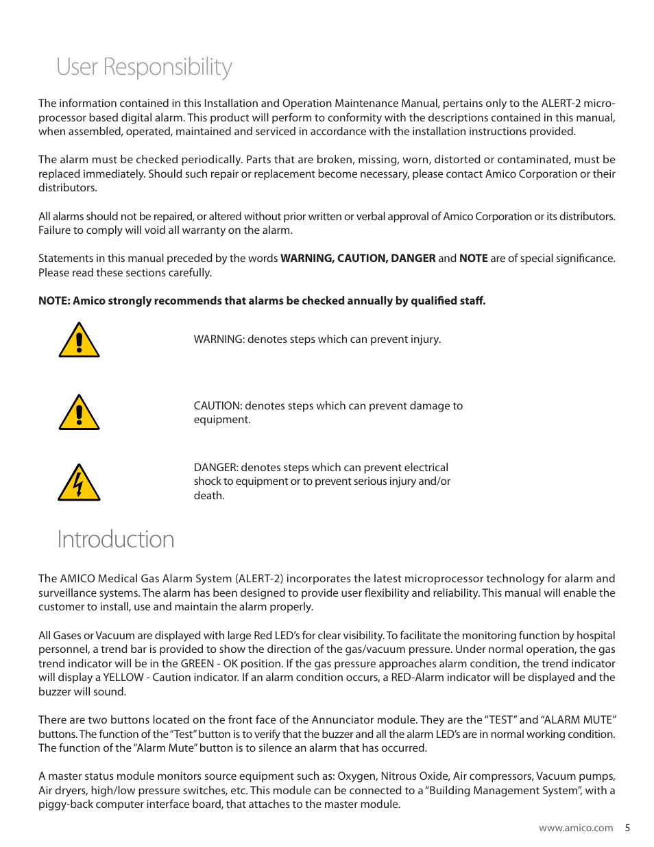 User responsibility introduction, User responsibility | Amico Nema 4 Master Alarm User Manual | Page 5 / 56