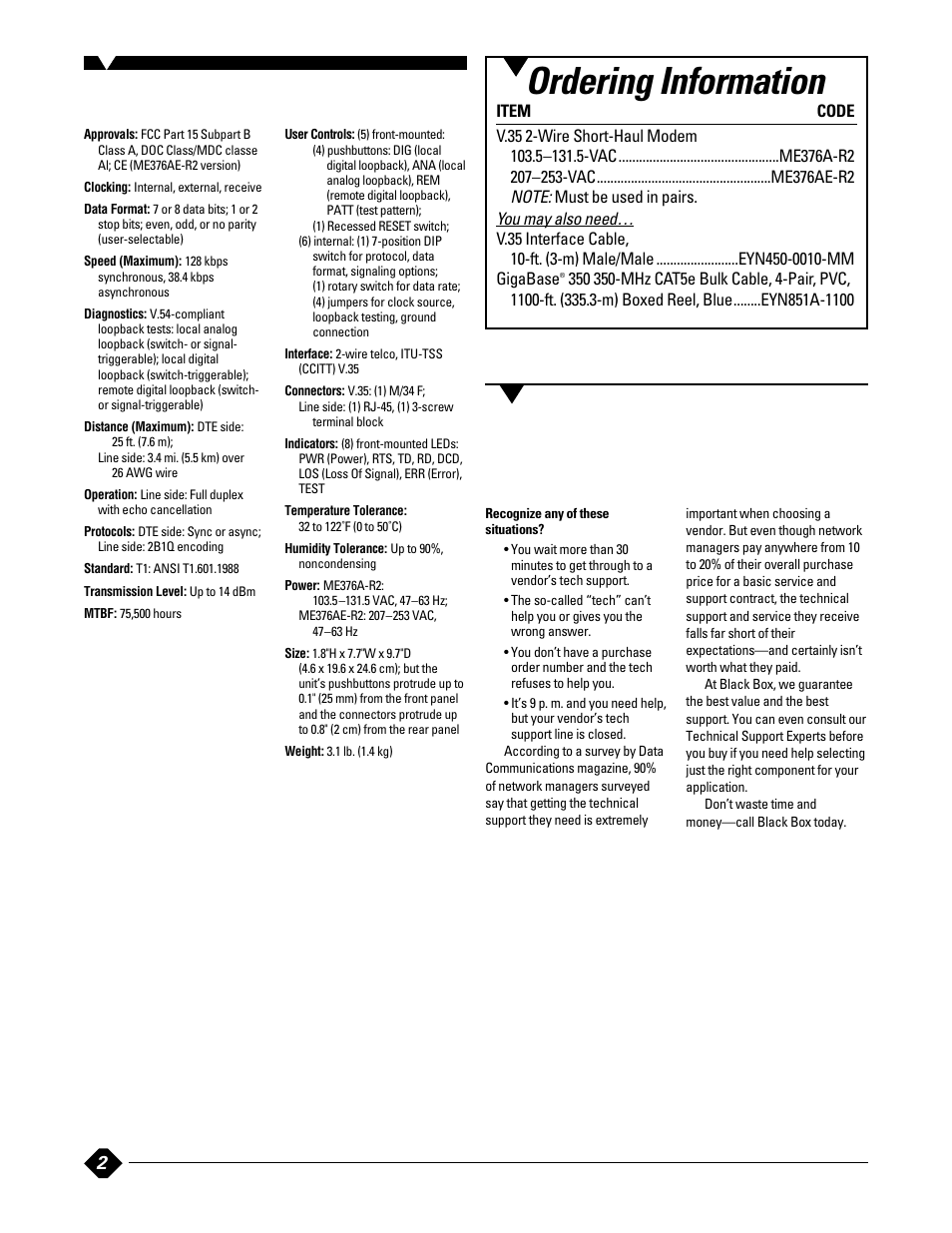 Specifications, Ordering information | Black Box V.35 User Manual | Page 2 / 2