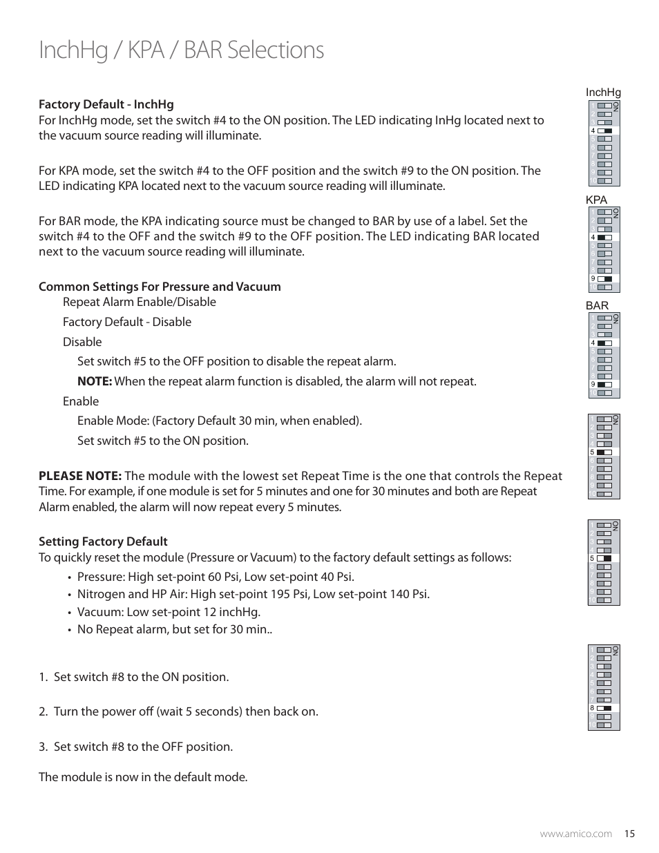 Inchhg / kpa / bar selections | Amico Valve Alarm Combo Unit User Manual | Page 15 / 32