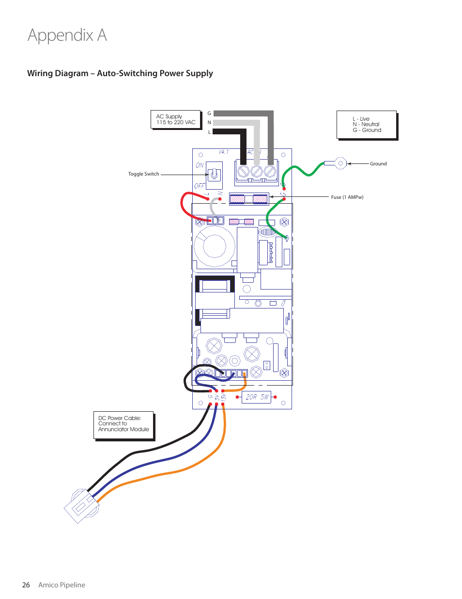 Appendix a, Wiring diagram – auto-switching power supply | Amico Valve Alarm Combo Unit User Manual | Page 26 / 32