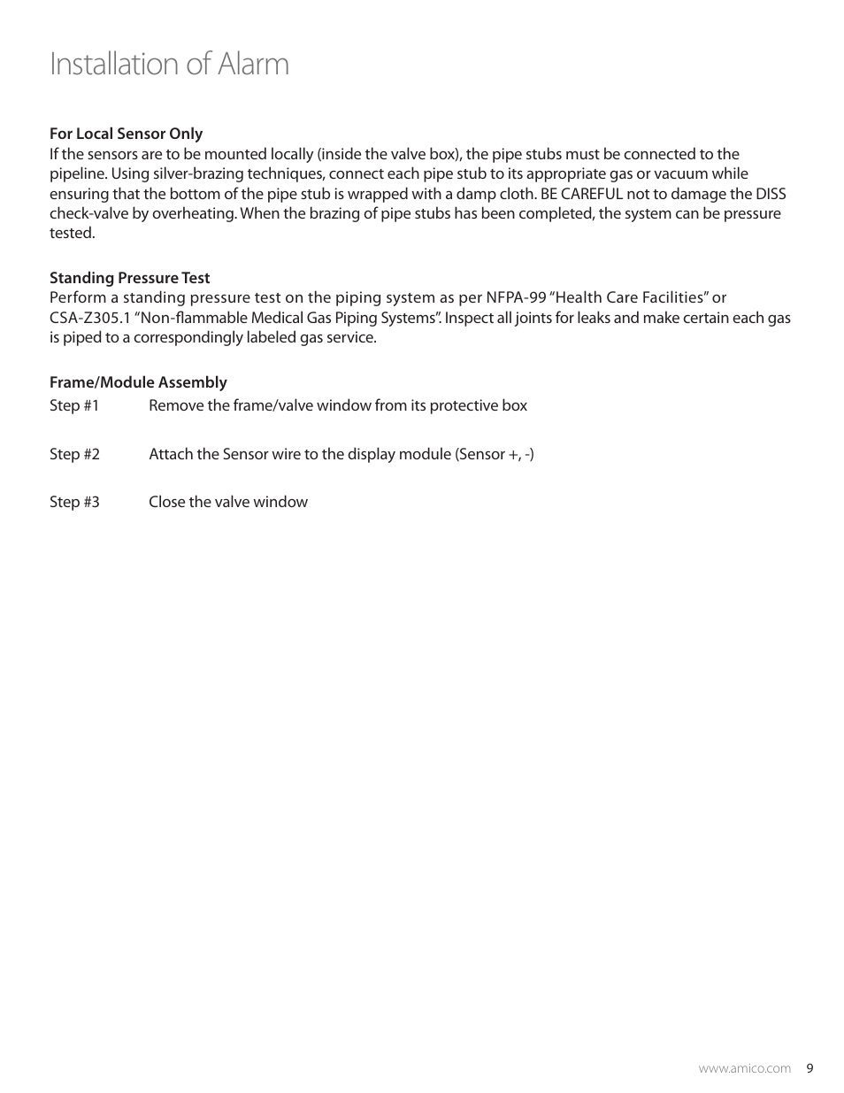 Installation of alarm | Amico Valve Alarm Combo Unit User Manual | Page 9 / 32