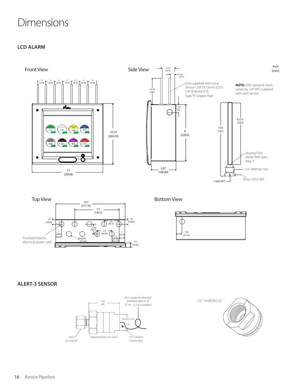 Dimensions, Lcd alarm, Alert-3 sensor | Front view side view, Top view, Bottom view, 16 amico pipeline | Amico Alert-3 LCD Alarm User Manual | Page 16 / 28