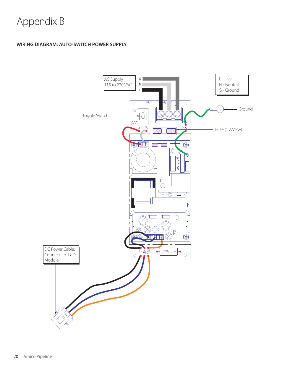 Appendix b, Wiring diagram: auto-switch power supply | Amico Alert-3 LCD Alarm User Manual | Page 20 / 28