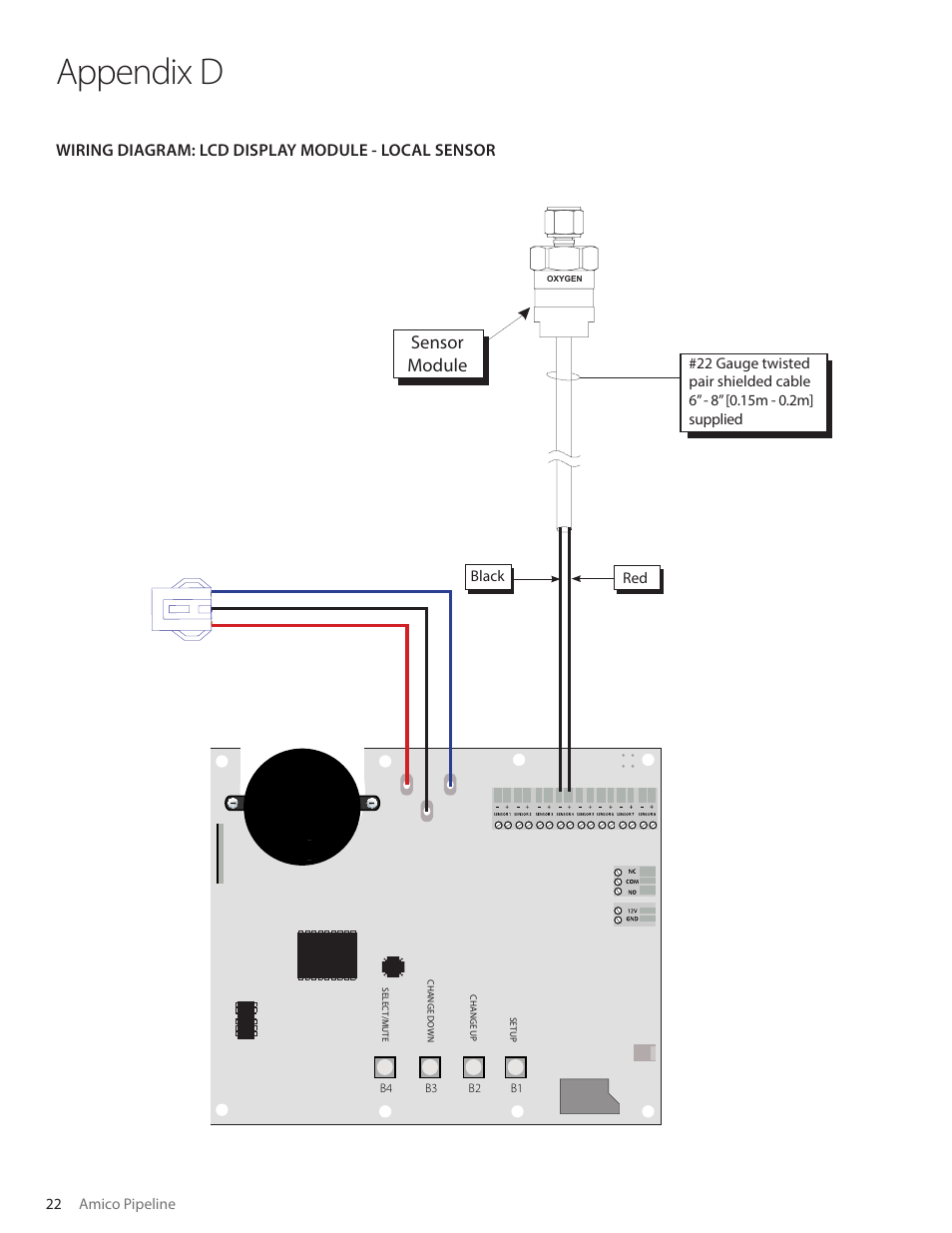 Appendix d, 22 gauge twisted pair shielded cable, Sensor module | Wiring diagram: lcd display module - local sensor | Amico Alert-3 LCD Alarm User Manual | Page 22 / 28