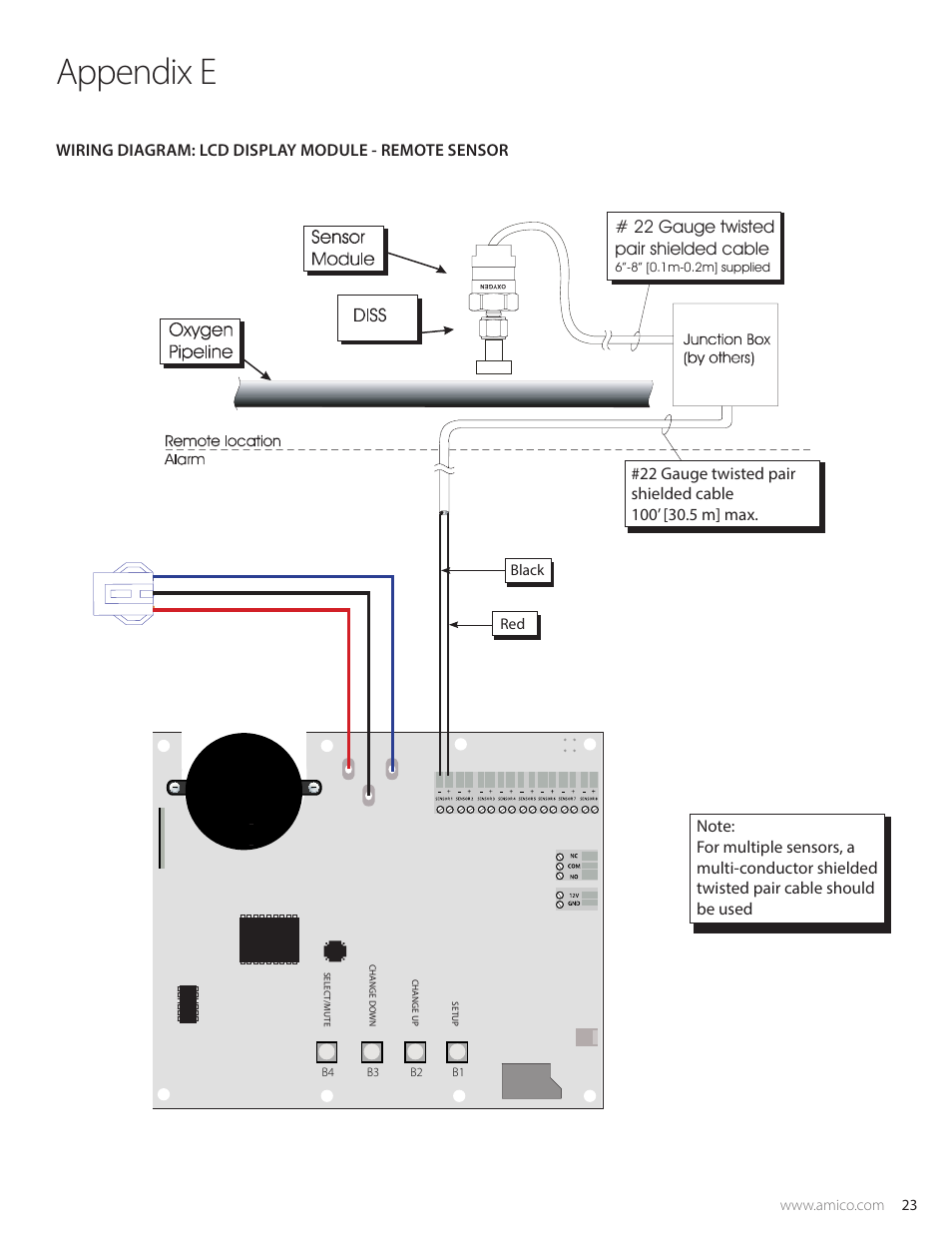 Appendix e, Wiring diagram: lcd display module - remote sensor, 22 gauge twisted pair shielded cable | Amico Alert-3 LCD Alarm User Manual | Page 23 / 28