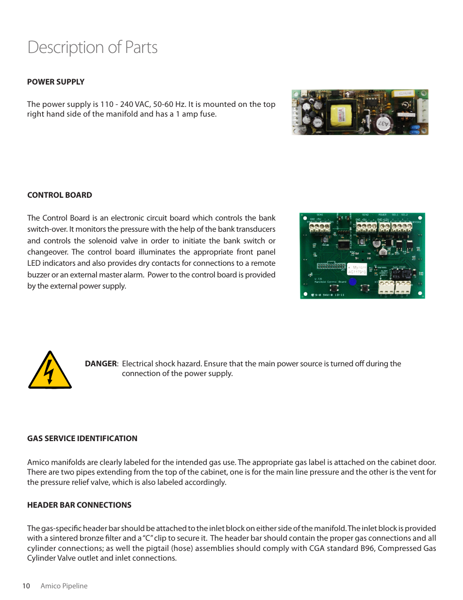 Description of parts, User responsibility | Amico Automatic Cryogenic Liquid Solenoid Manifold User Manual | Page 10 / 32