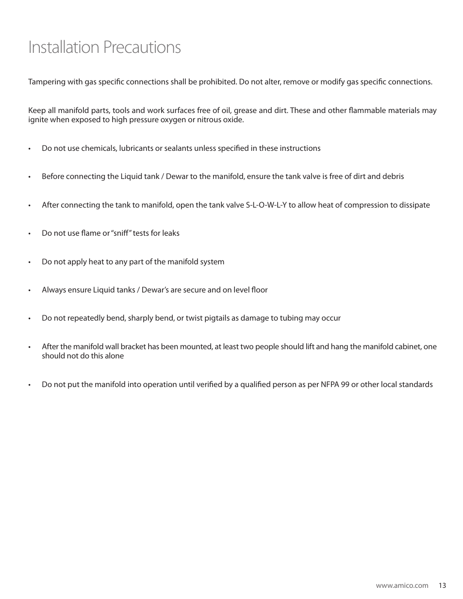 Installation precautions | Amico Automatic Cryogenic Liquid Solenoid Manifold User Manual | Page 13 / 32