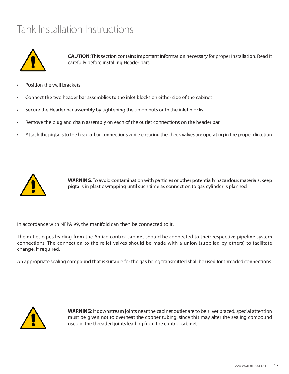 Tank installation instructions, User responsibility | Amico Automatic Cryogenic Liquid Solenoid Manifold User Manual | Page 17 / 32