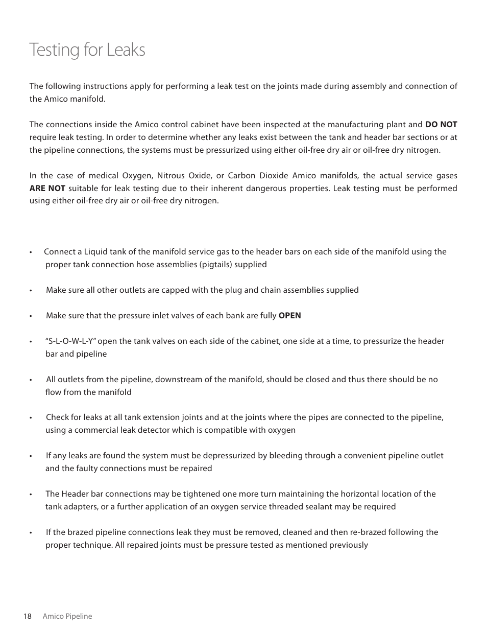 Testing for leaks | Amico Automatic Cryogenic Liquid Solenoid Manifold User Manual | Page 18 / 32