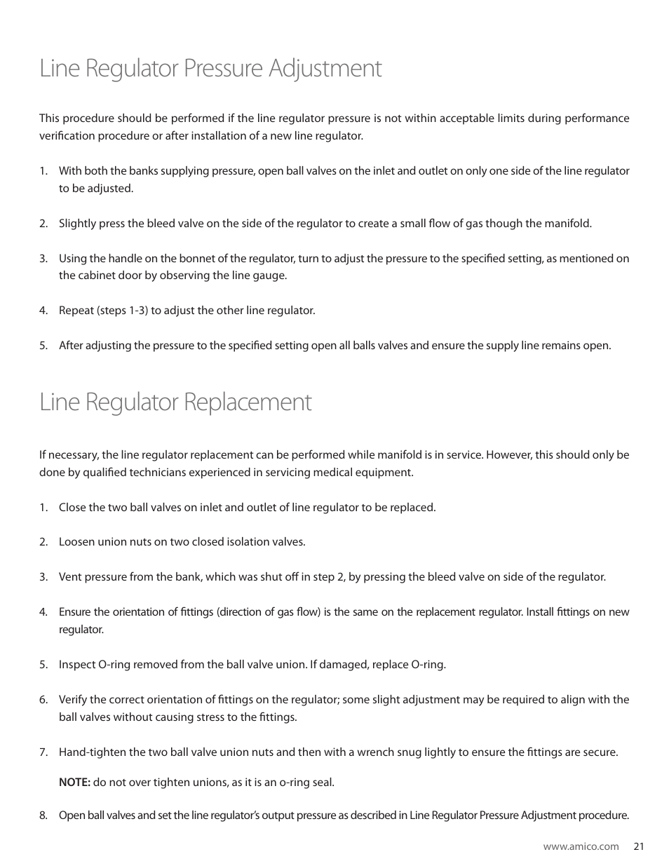 Line regulator pressure adjustment, Line regulator replacement | Amico Automatic Cryogenic Liquid Solenoid Manifold User Manual | Page 21 / 32